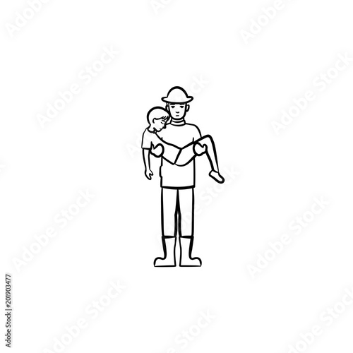 Strong Fireman Rescuing A Person Hand Drawn Outline Doodle