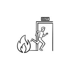 Poster - Evacuation exit hand drawn outline doodle icon. Man run away fire through evacuation exit vector sketch illustration for print, web, mobile and infographics isolated on white background.