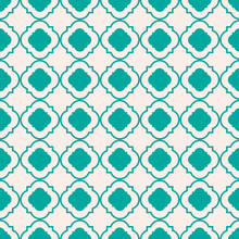 Mint Green Traditional Geometric Quatrefoil Pattern Wallpaper. Green And Beige Vector Textile Rug Or Carpet Background.