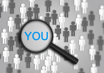 Sticker - Job candidate search for new person to fill career position.  Human resource search with magnifying glass and candidates in black and white.