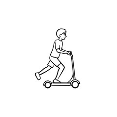 Sticker - Boy riding a kick scooter hand drawn outline doodle icon. Teenage boy on a kick scooter vector sketch illustration for print, web, mobile and infographics isolated on white background.