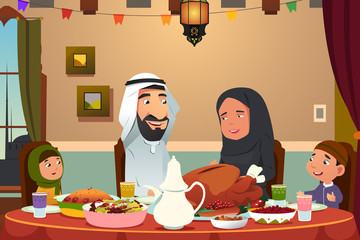 Wall Mural - Muslim Family Eating Dinner at Home