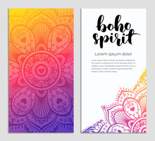 Abstract Mandala Banner Design. Vector Creative Illustration With Oriental Boho Elements. Gradient Color Theme Flyers Template