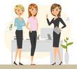 © Gryva - Group of three talking women. Three smiling communicating women in the office. Superior of team is pointing an idea (or solution). Vector illustration.