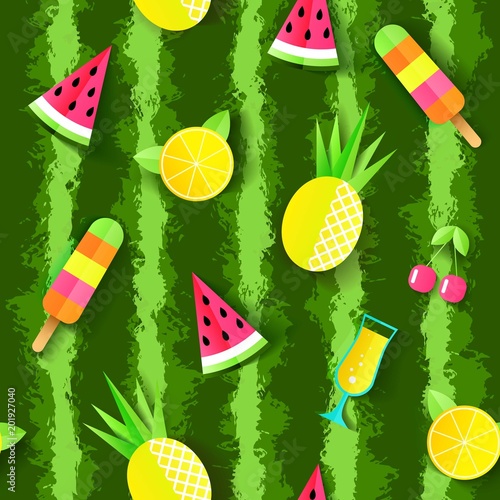 kolorowy-lato-wzor-z-arbuza-ananasa-koktajl-wisnia-pomaranczowy-i-lody-ilustracji