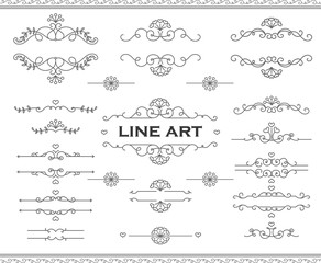 Line art frames and scroll elements. Floral linear border design elements. Flourishes Calligraphic ornaments. Vector elements for wedding or Valentine`s day cards, invitation, flyer etc.