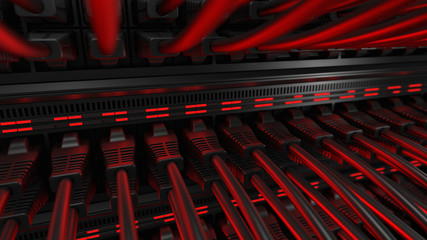 Close-up view of modern internet network switch with plugged ethernet cables. Blinking red lights on internet server. 