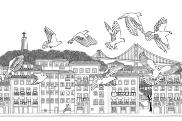 Sticker - Birds over Lisbon - hand drawn black and white illustration of the city with a flock of pigeons