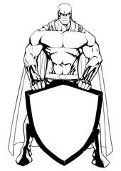 Wall Mural - Line art illustration of powerful superhero holding big shield with copy space.