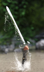 The lady of the lake thrusting a sword in the air. 3d rendering