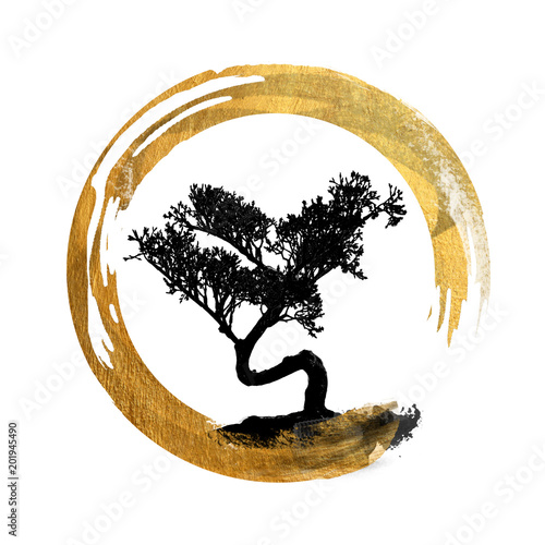Photo Bonsai Tree, Enso Circle, Feng Shui Symbol, Asian Art Calligraphy, Japanese / Ch