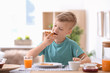 © New Africa - Cute little boy eating tasty toasted bread with jam at table