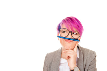 funny student corporate employee playing holding pen between nose and lips as mustache