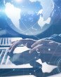 © Rymden - Man with laptop and abstract hologram of a globe