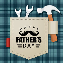 Happy Fathers Day Greeting Card With Typography Design, Hat, Moustache And Repeating Pattern Background