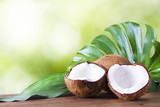 coconut open to natural on wooden bottom