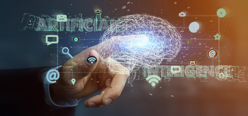 Businessman holding a 3d rendering artificial intelligence concept with a brain and app