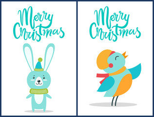 Sticker - Merry Christmas Bird and Bunny Vector Illustration