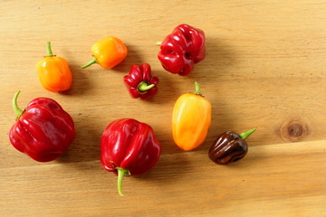 fresh colorful chili peppers on a wooden board with copy space