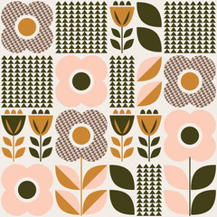 seamless pattern with floral elements in retro scandinavian style