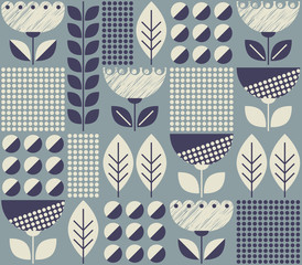 Poster - seamless pattern with flowers and leaves in retro scandinavian style