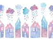 Seamless pattern with hand painted houses and clouds with falling raindrops. Colorful watercolor illustration isolated on white background.