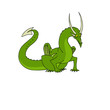 Cartoon funny green dragon with big horns on the white background. Vector dragon for book's illustation, children's magazines, posters. Legend mythical animal.