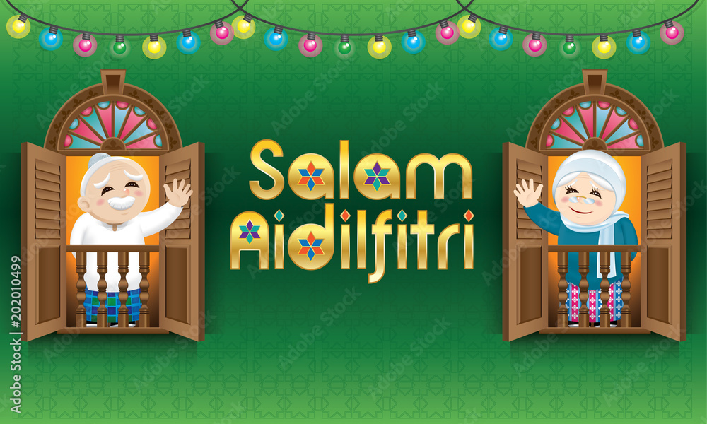 Celebrating Raya Muslim old man and woman standing on a Malay style window, celebrating ...