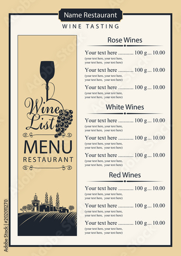 Wine list menu with price clearance