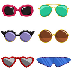 Wall Mural - Sunglasses vector set. Fashion and retro style glasses in plastic colorful frame of different shapes. Cartoon icons isolated on white background.