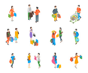 Poster - Shopping People 3d Icons Set Isometric View. Vector