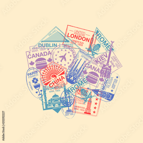 World Visa Rubber Stamps Collection Barcelona France European Union Moscow China Canada Dublin Usa Istanbul Rome Kiev London Immigration Ink Label Airport Arrival Sign Vector Illustration Buy This Stock Vector And