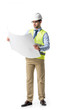 © LIGHTFIELD STUDIOS - Thoughtful builder in reflective vest and helmet looking at blueprint isolated on white