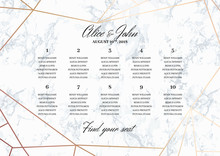 Wedding Seating Chart Poster Template.. Geometric Design In Rose Gold On The Marble Background. Dimensions Horizontal A3 Format. Seamless Marble Pattern In The Palette.