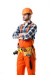 © LIGHTFIELD STUDIOS - Confident repairman in orange overall and tool belt isolated on white