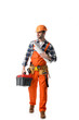 © LIGHTFIELD STUDIOS - workman in orange overall holding tool box and blueprint isolated on white