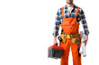 © LIGHTFIELD STUDIOS - Cropped view of man in orange overall holding tool box and blueprint isolated on white