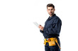 © LIGHTFIELD STUDIOS - male plumber in uniform with digital tablet looking at camera isolated on white