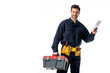 © LIGHTFIELD STUDIOS - portrait of smiling plumber in uniform with tool box and digital tablet isolated on white