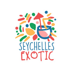 Sticker - Seychelles island logo template original design, exotic summer holiday badge, label for a travel agency, element for design element for banner, poster, advertising hand drawn vector Illustration