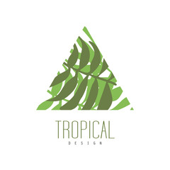 Sticker - Tropical logo design, triangle badge with palm leaves vector Illustration on a white background