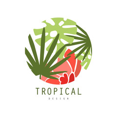 Tropical logo template design, round badge with palm leaves and red exotic flower vector Illustration on a white background