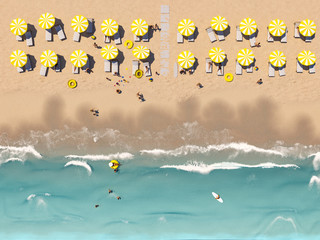 aerial top view on the beach with lots of beach umbrella. 3D rendering