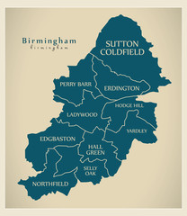 Canvas Print - Modern City Map - Birmingham city of England with boroughs and titles UK