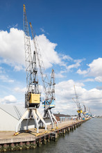 Industrial Harbor Cranes In Port Dock
