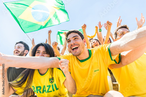 Fotografie, Obraz Brazilian supporters celebrating at stadium with flags