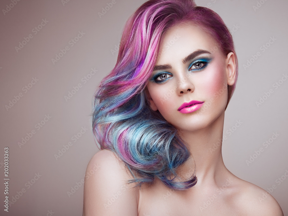 Beauty Fashion Model Girl with Colorful Dyed Hair. Girl with perfect Makeup and Hairstyle. Model with perfect Healthy Dyed Hair. Rainbow Hairstyles - obrazy, fototapety, plakaty 