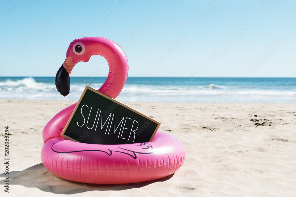 Garden Poster Flamingo Swim Ring On The Beach And Text Summer