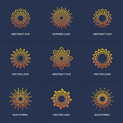 Sun logo set isolated on blue background.