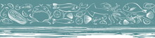Seafood Vector Seamless Border With Marine Life Animals. Lined Pattern. Vector Hand Drawn Illustration.